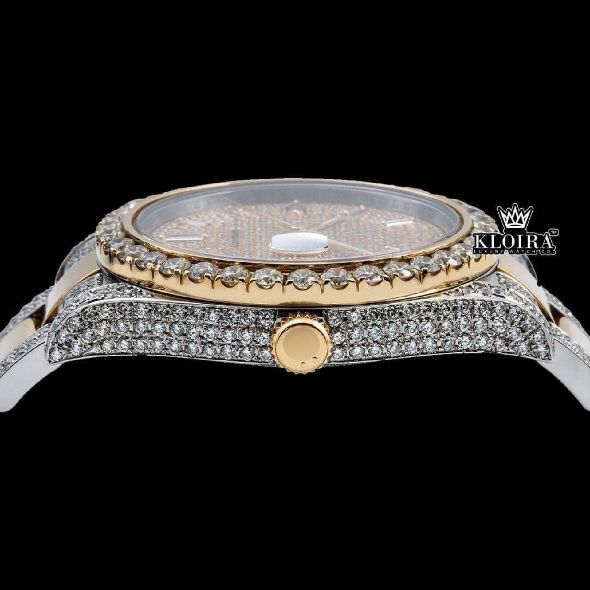Diamond Markers Yellow Dial Two Tone Moissanite Diamond Watch Crown View