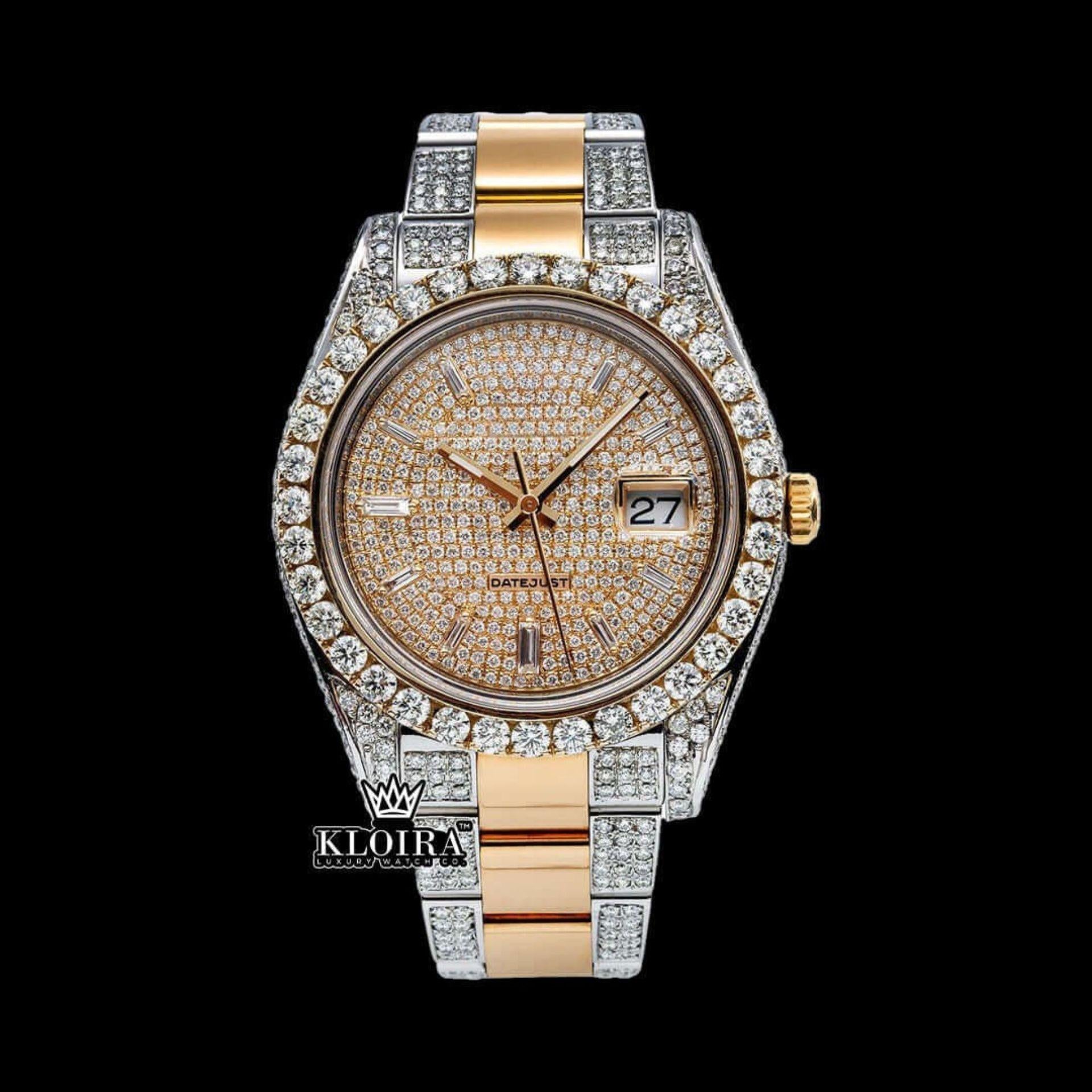 Diamond Markers Yellow Dial Two Tone Moissanite Diamond Watch Front View