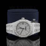 Diamond Stick Markers White Dial Fully Iced Out Moissanite Watch Close Up Front View