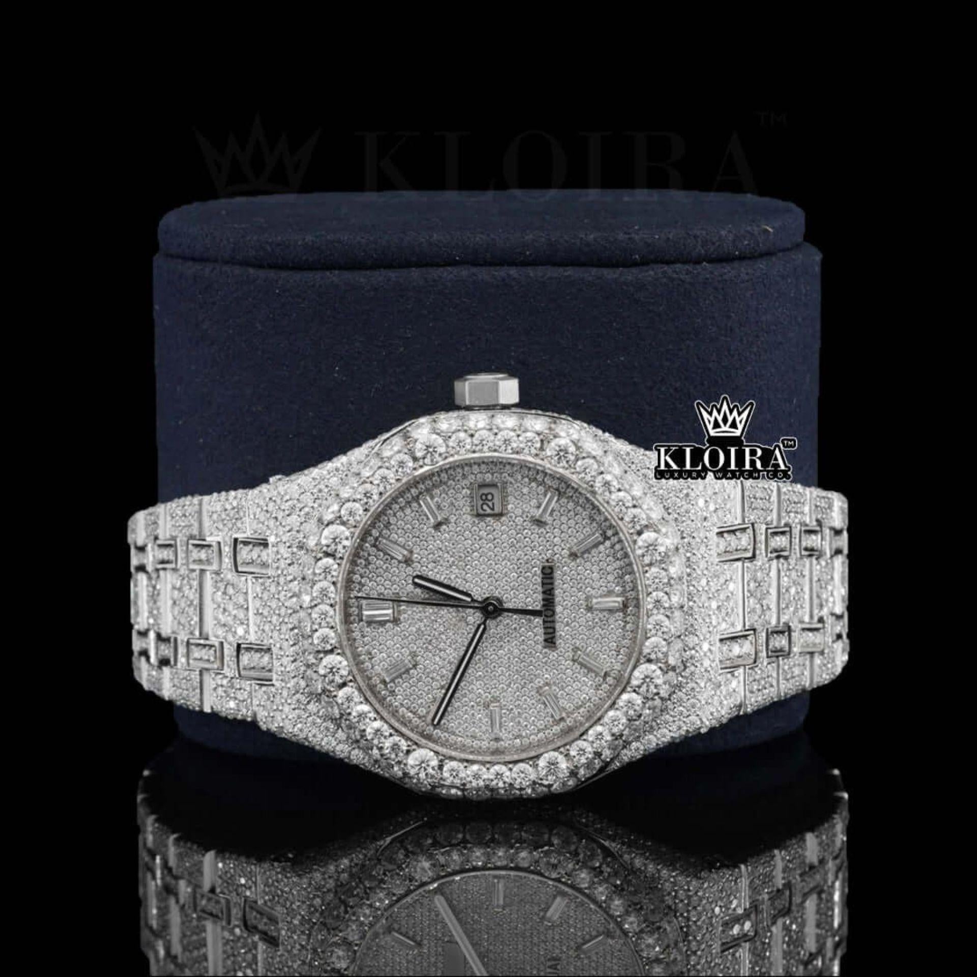 Diamond Stick Markers White Dial Fully Iced Out Moissanite Watch Close Up Front View