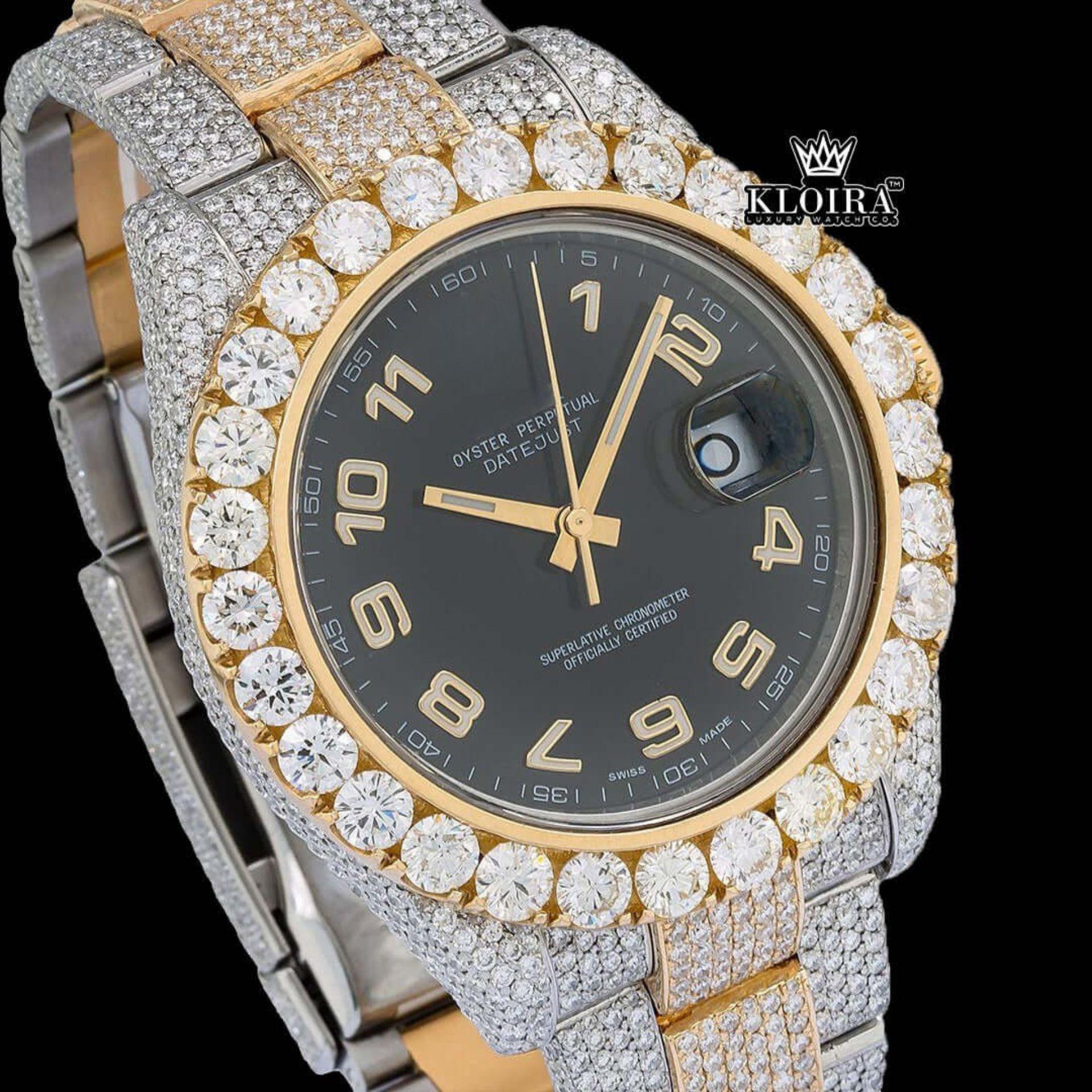Dual-Tone Standard Numerals Black Dial Moissanite Diamond Watch Close Up Dial View