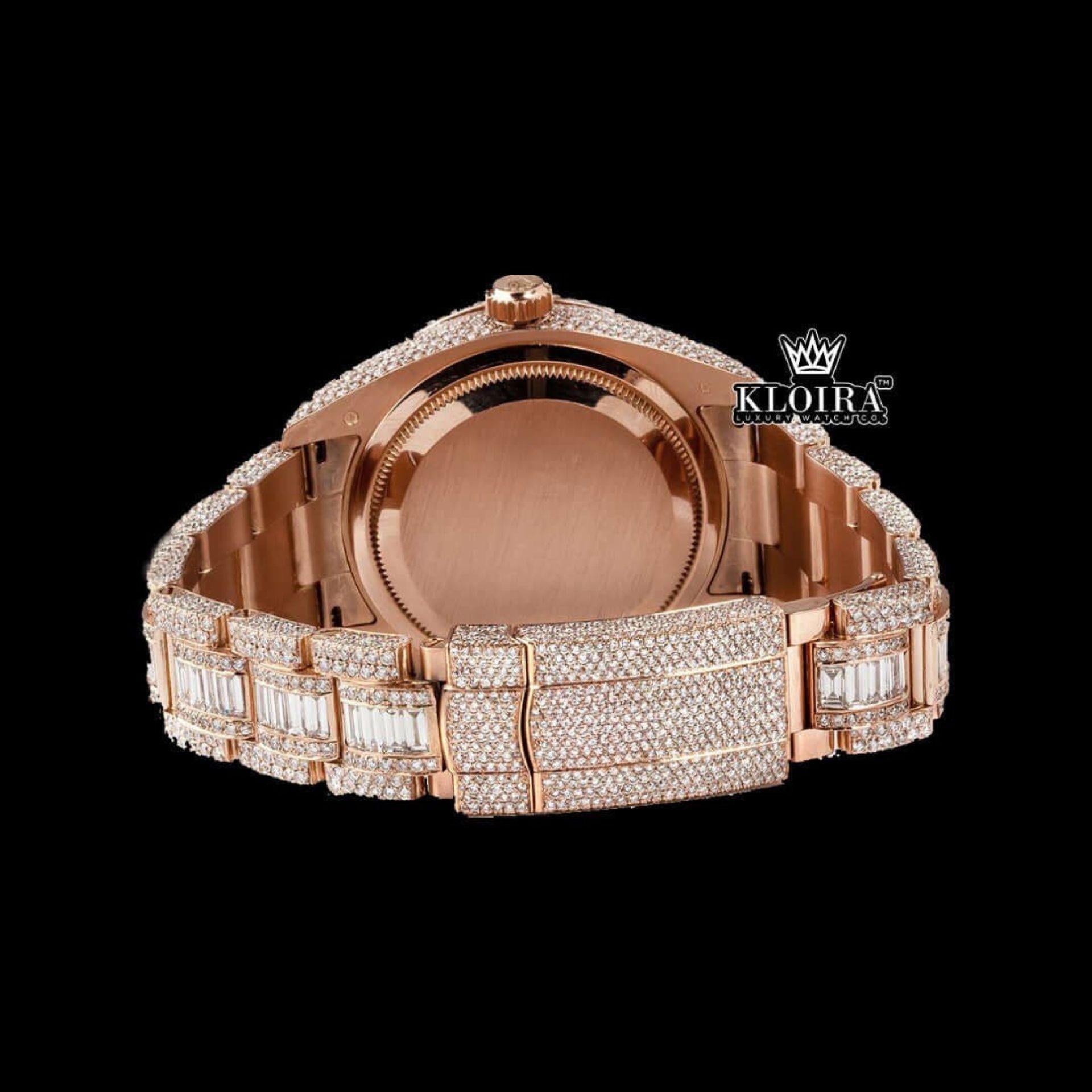 Dual Time Brown Dial Standard Numerals Iced Out Rose Gold Moissanite Watch Caseback View