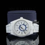 Dual Time Chronograph Dial Stick Markers Fully Iced Out Moissanite Watch Close Up Front View