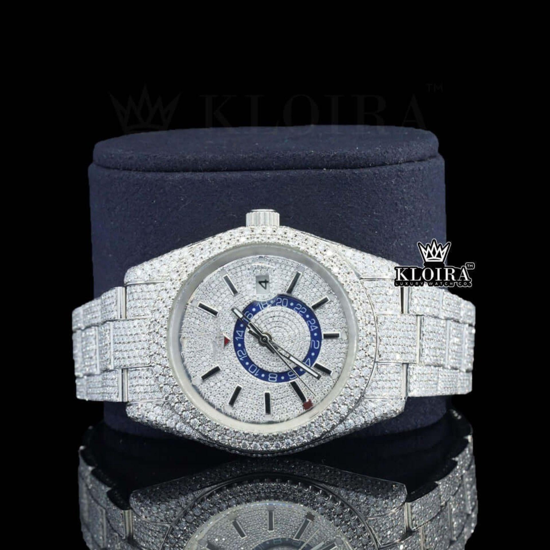 Dual Time Chronograph Dial Stick Markers Fully Iced Out Moissanite Watch Close Up Front View