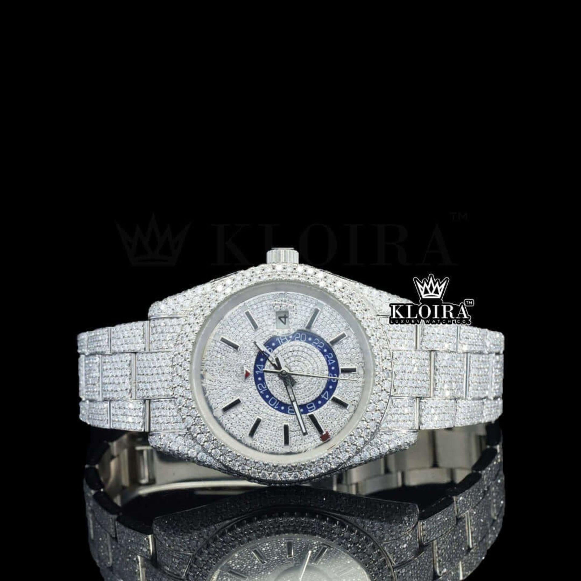 Dual Time Chronograph Dial Stick Markers Fully Iced Out Moissanite Watch Front View