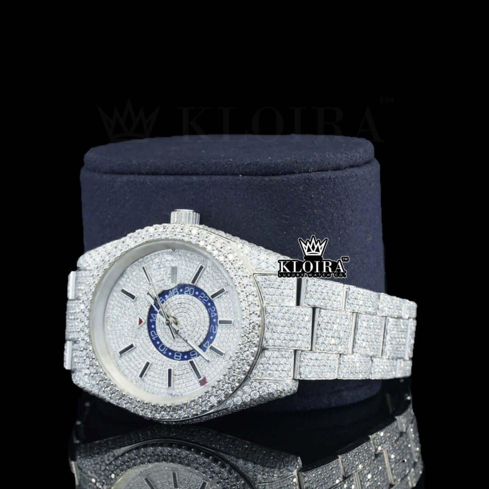 Dual Time Chronograph Dial Stick Markers Fully Iced Out Moissanite Watch Left Profile View