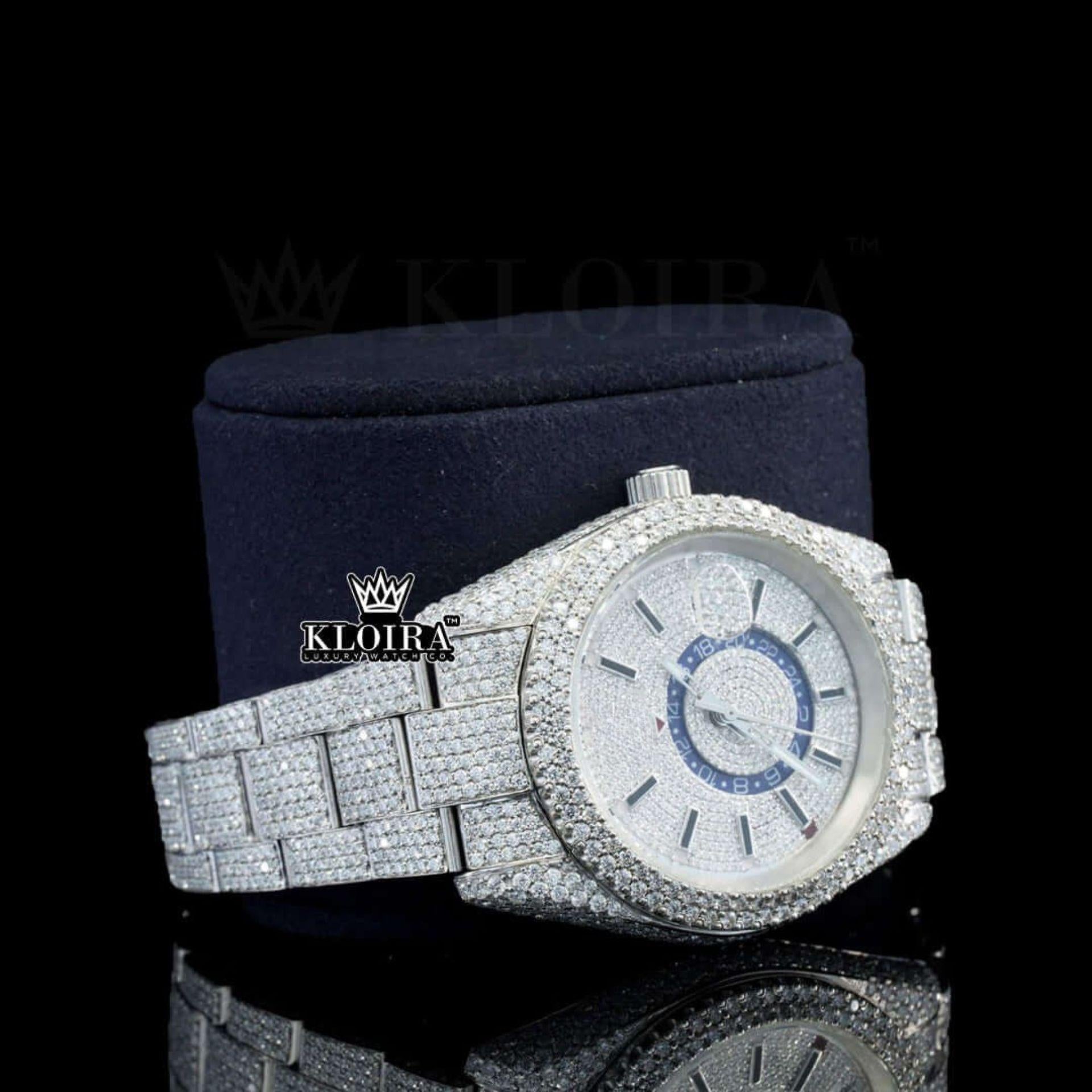 Dual Time Chronograph Dial Stick Markers Fully Iced Out Moissanite Watch Right Profile View
