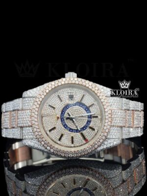 Dual Time Dial Stick Markers Two Tone Bust Down Moissanite Watch