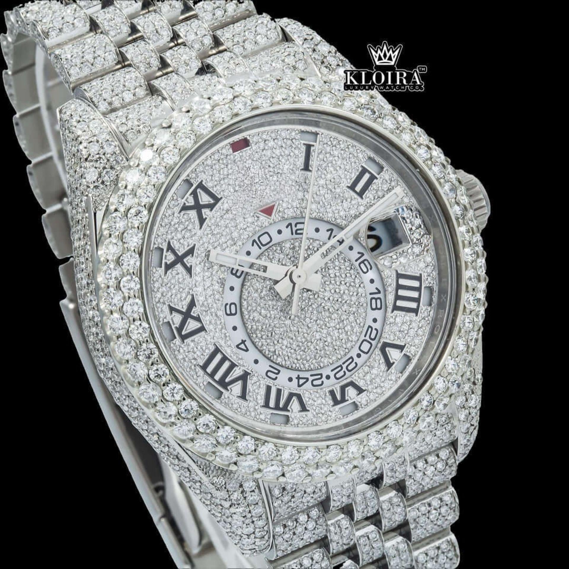 Dual Time Roman Numerals White Dial Iced Out Moissanite Diamond Watch Close Up Dial View