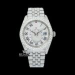 Dual Time Roman Numerals White Dial Iced Out Moissanite Diamond Watch