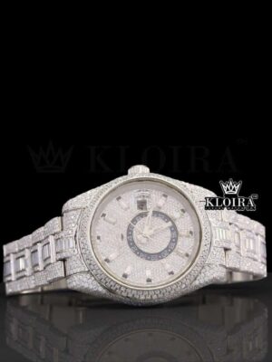 Dual Time White Dial Stick Markers Fully Iced Out Moissanite Watch