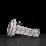 Dual Time White Dial Stick Markers Fully Iced Out Moissanite Watch Left Side View