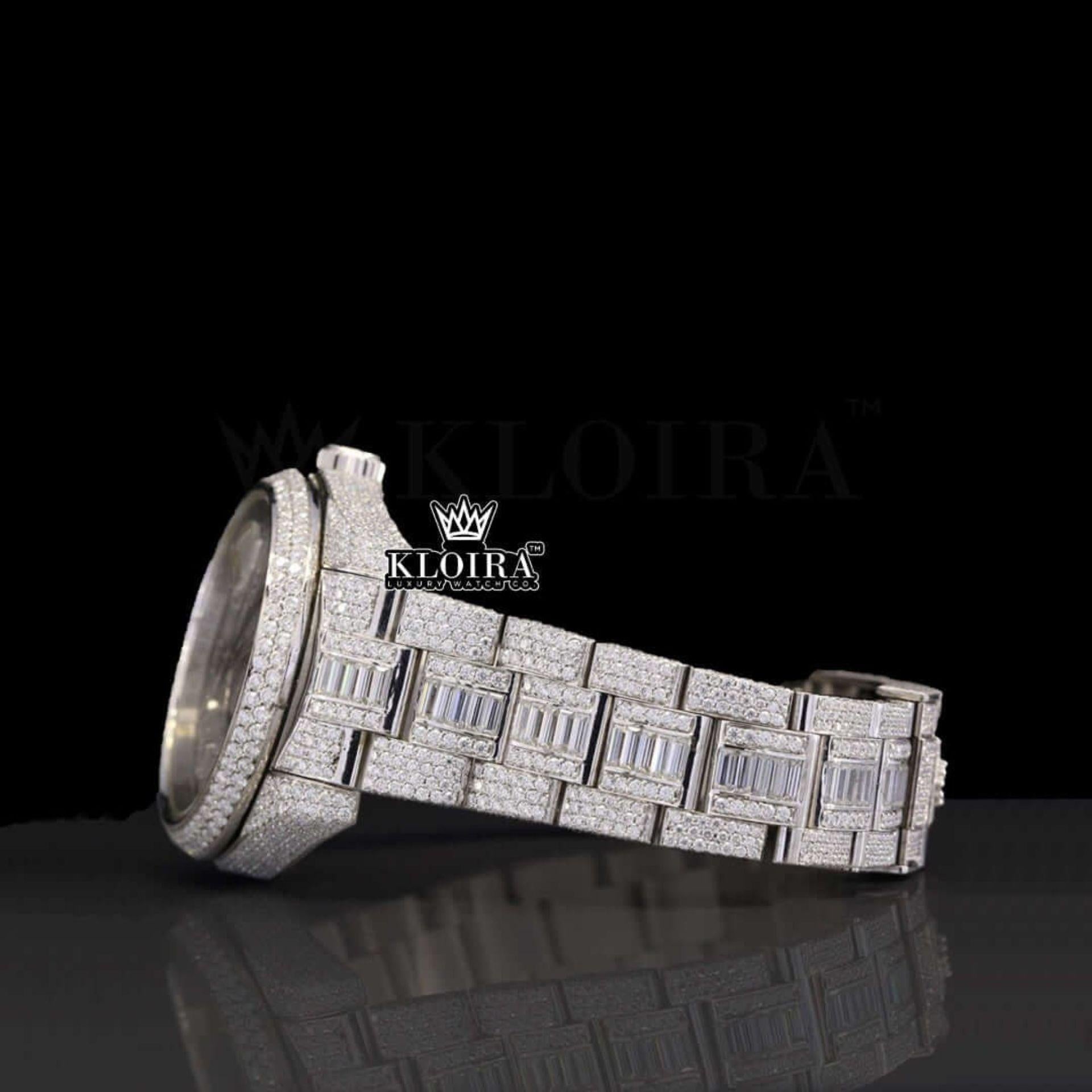 Dual Time White Dial Stick Markers Fully Iced Out Moissanite Watch Left Side View