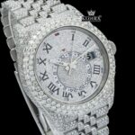 Dual Time White Roman Dial Diamond Link Strap Iced Out Moissanite Watch Close Up Dial View