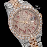 Dual Tone Rose Gold Dial Red Arabic Numerals Iced Out Moissanite Watch Close Up Dial View