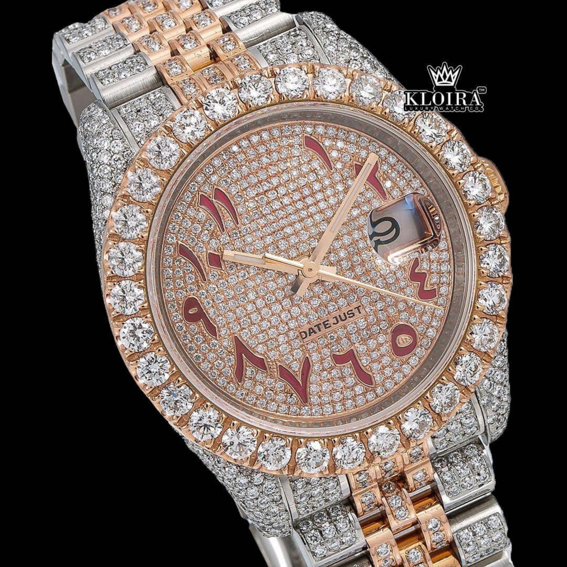 Dual Tone Rose Gold Dial Red Arabic Numerals Iced Out Moissanite Watch Close Up Dial View