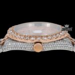Dual Tone Rose Gold Dial Red Arabic Numerals Iced Out Moissanite Watch Crown View