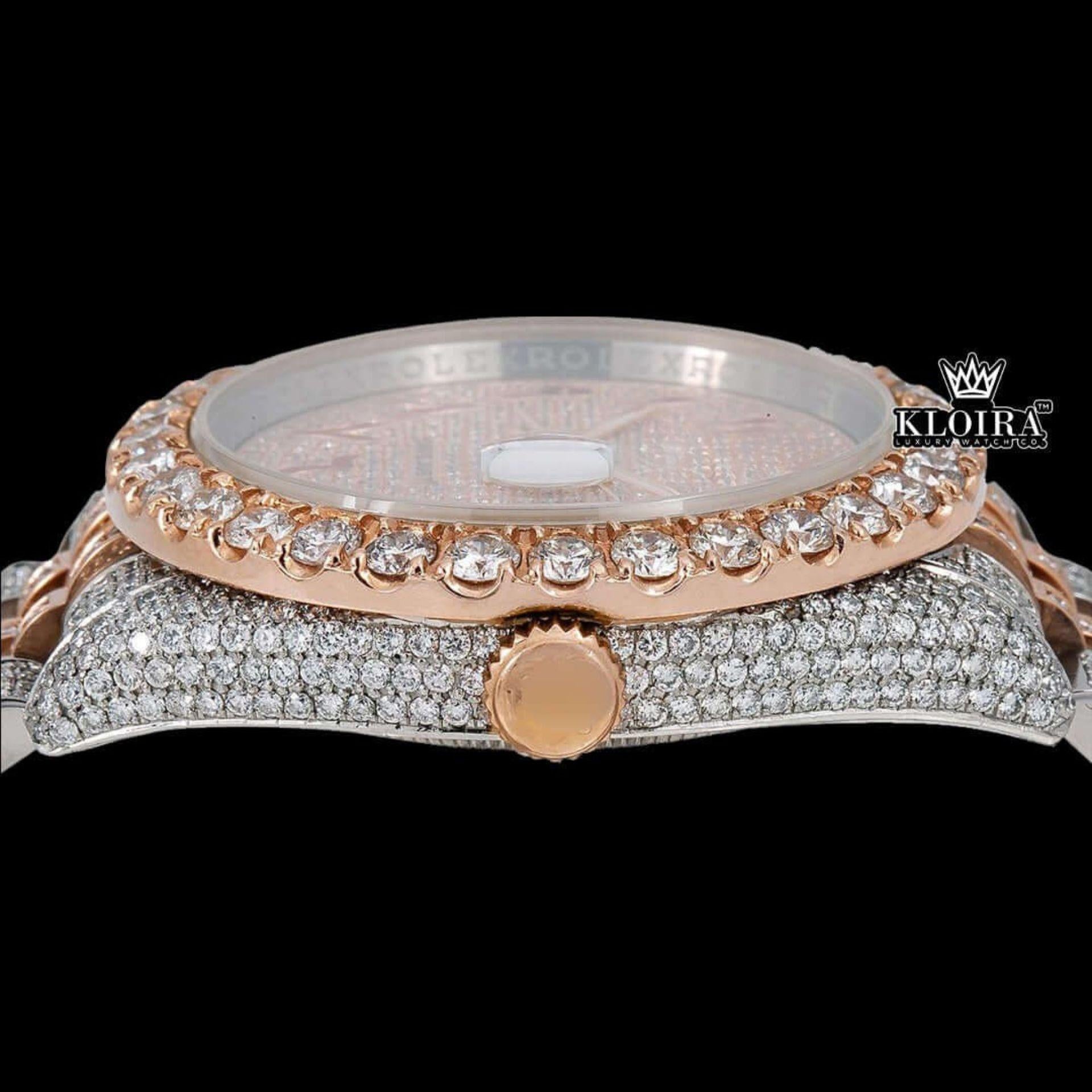 Dual Tone Rose Gold Dial Red Arabic Numerals Iced Out Moissanite Watch Crown View
