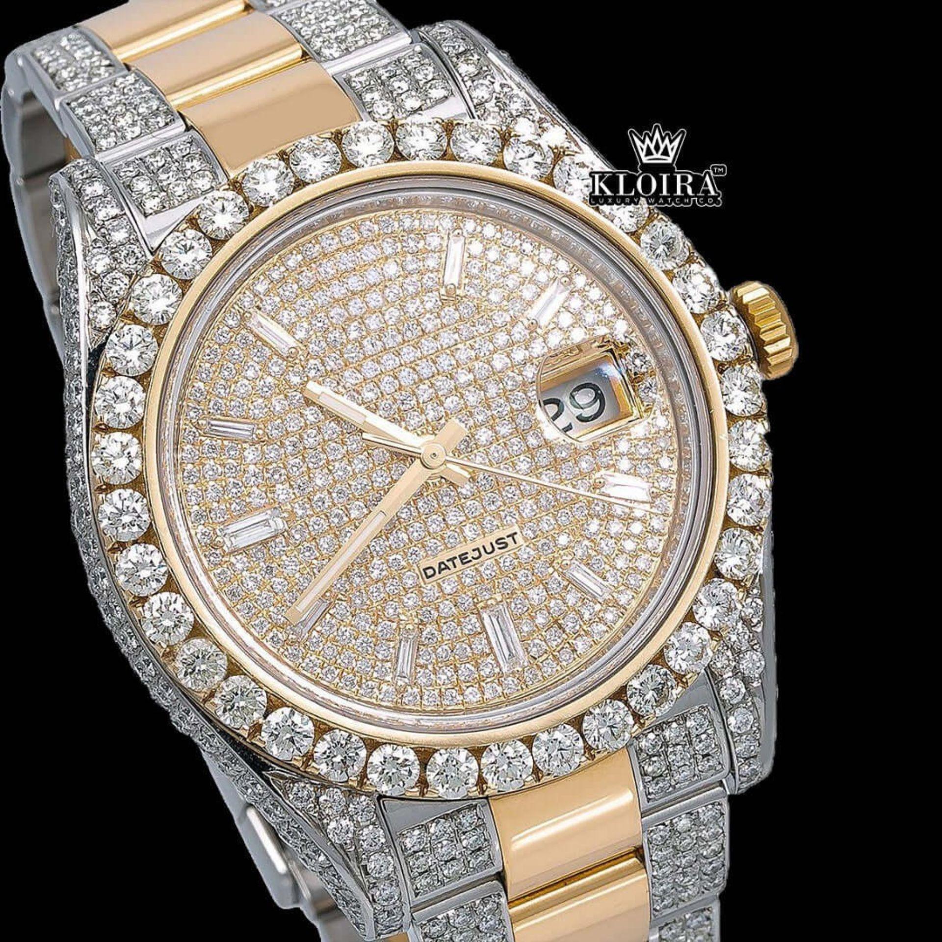 Dual Tone Yellow Dial Fully Iced Out Moissanite Diamond Watch Close Up Dial View