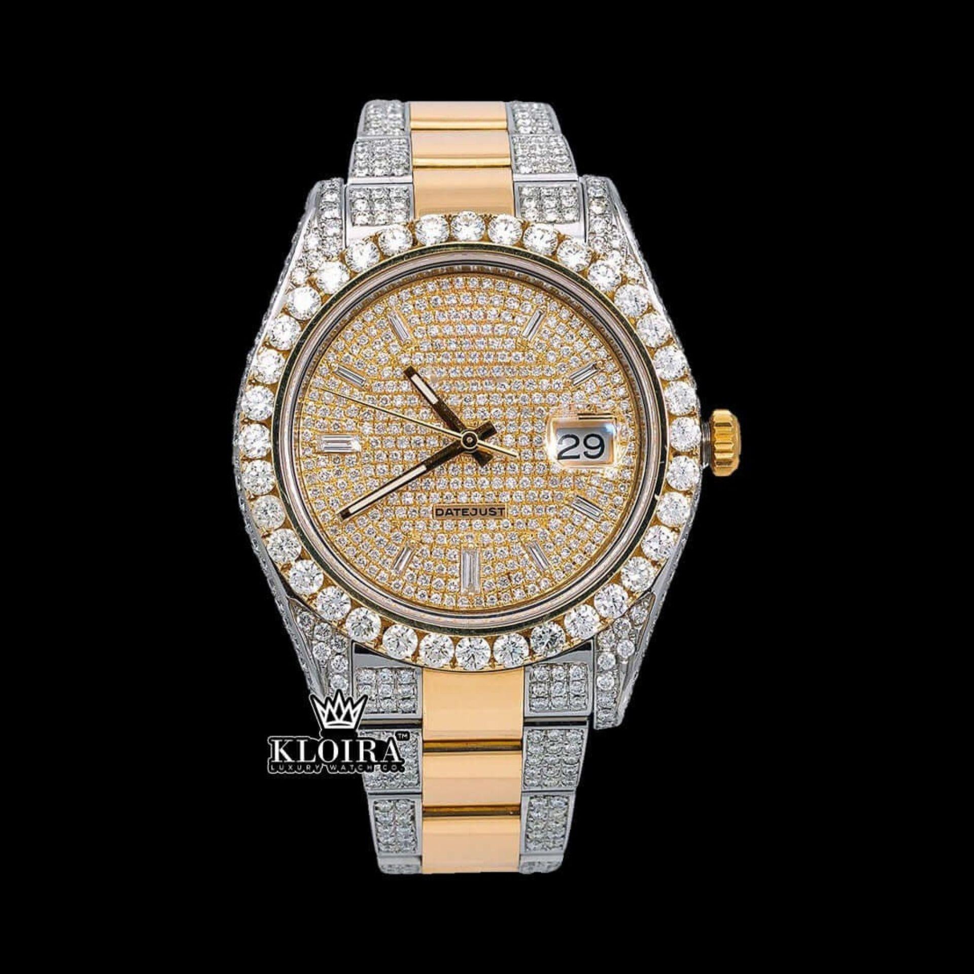 Dual Tone Yellow Dial Fully Iced Out Moissanite Diamond Watch Front View
