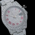 Full Bust Down Red Roman Numerals Moissanite Diamond Watch Close Up Dial View