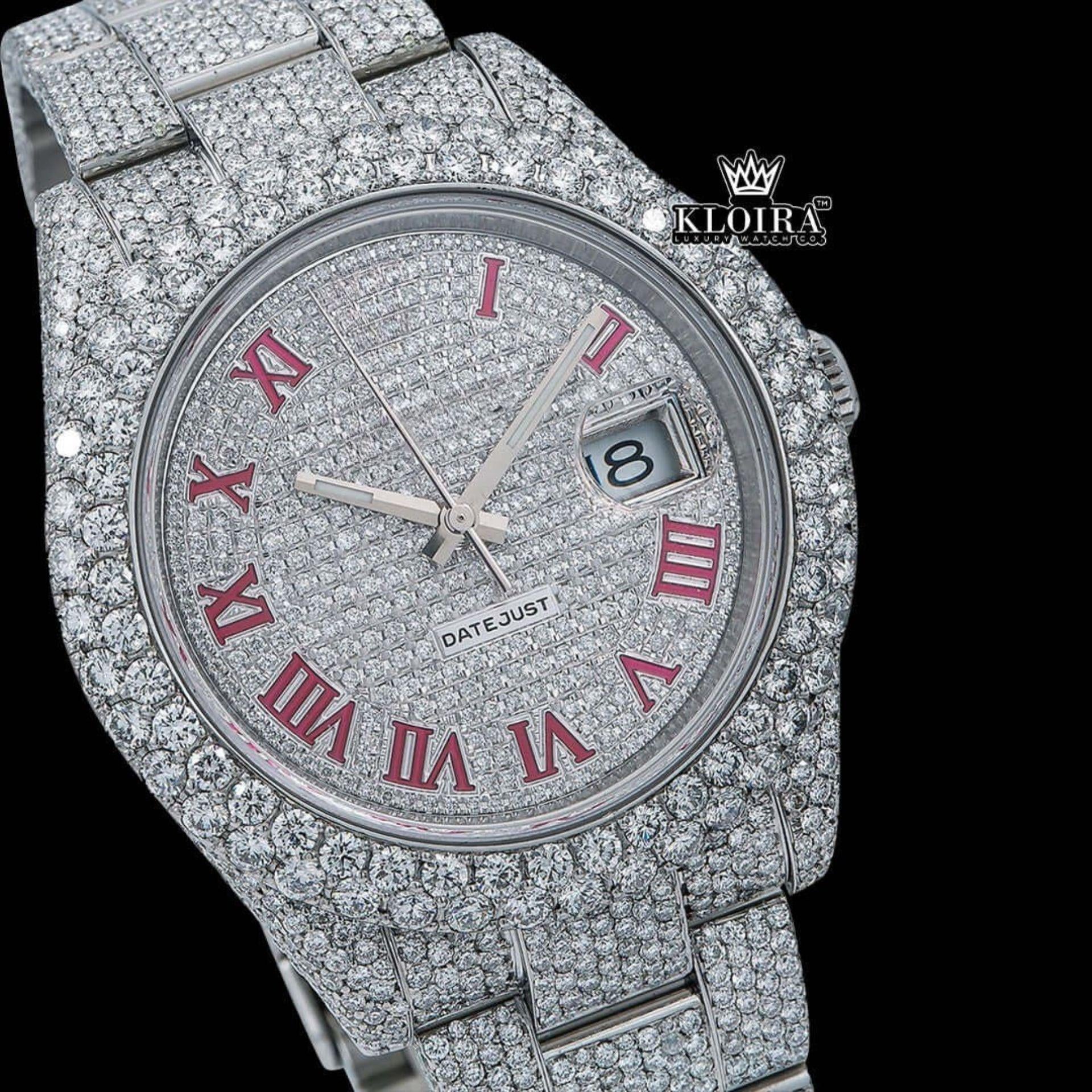 Full Bust Down Red Roman Numerals Moissanite Diamond Watch Close Up Dial View