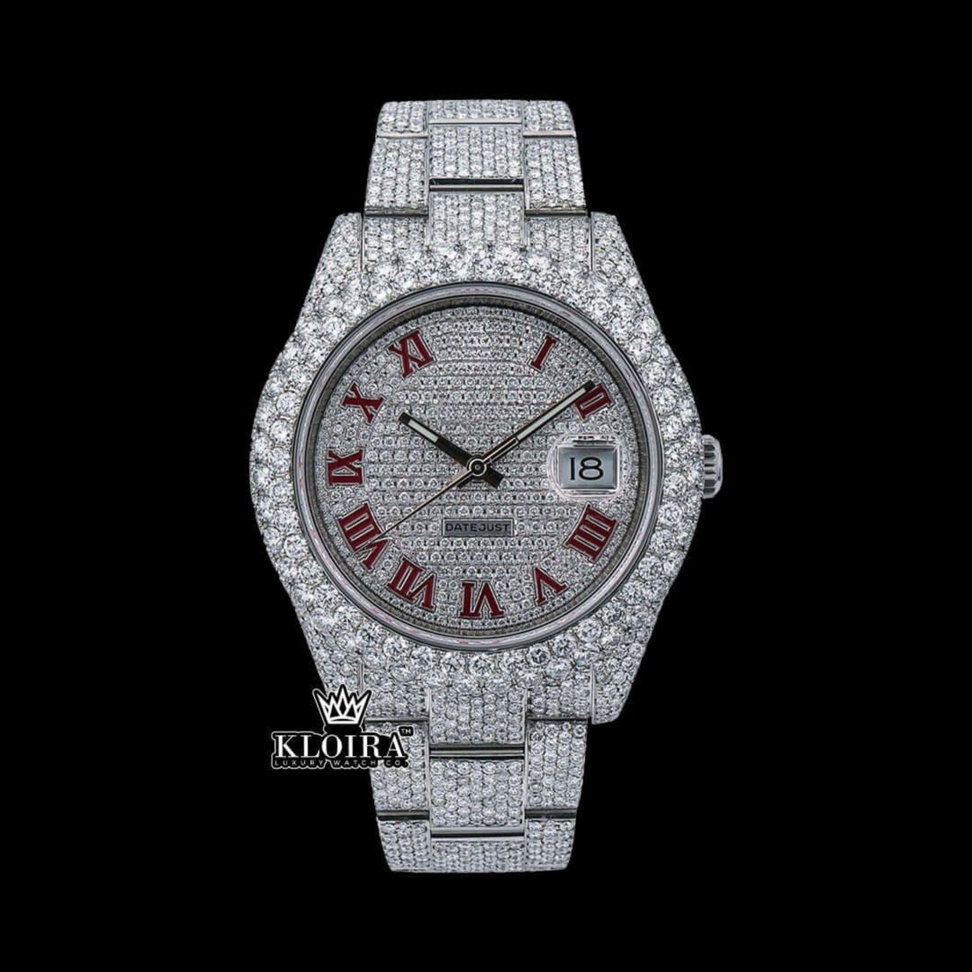 Full Bust Down Red Roman Numerals Moissanite Diamond Watch Front View