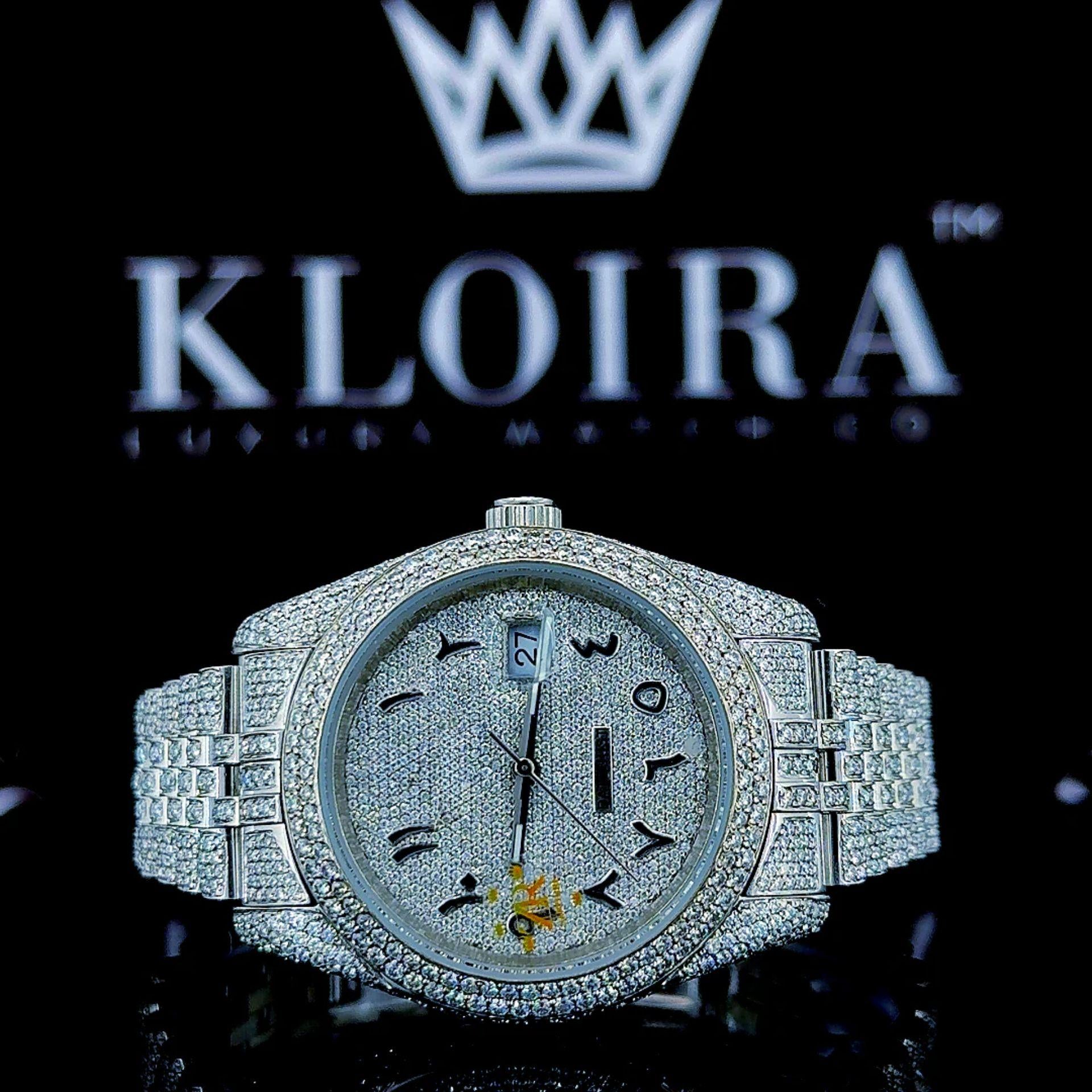 Full Iced Out White Dial Arabic Numerals Moissanite Watch Front Close View