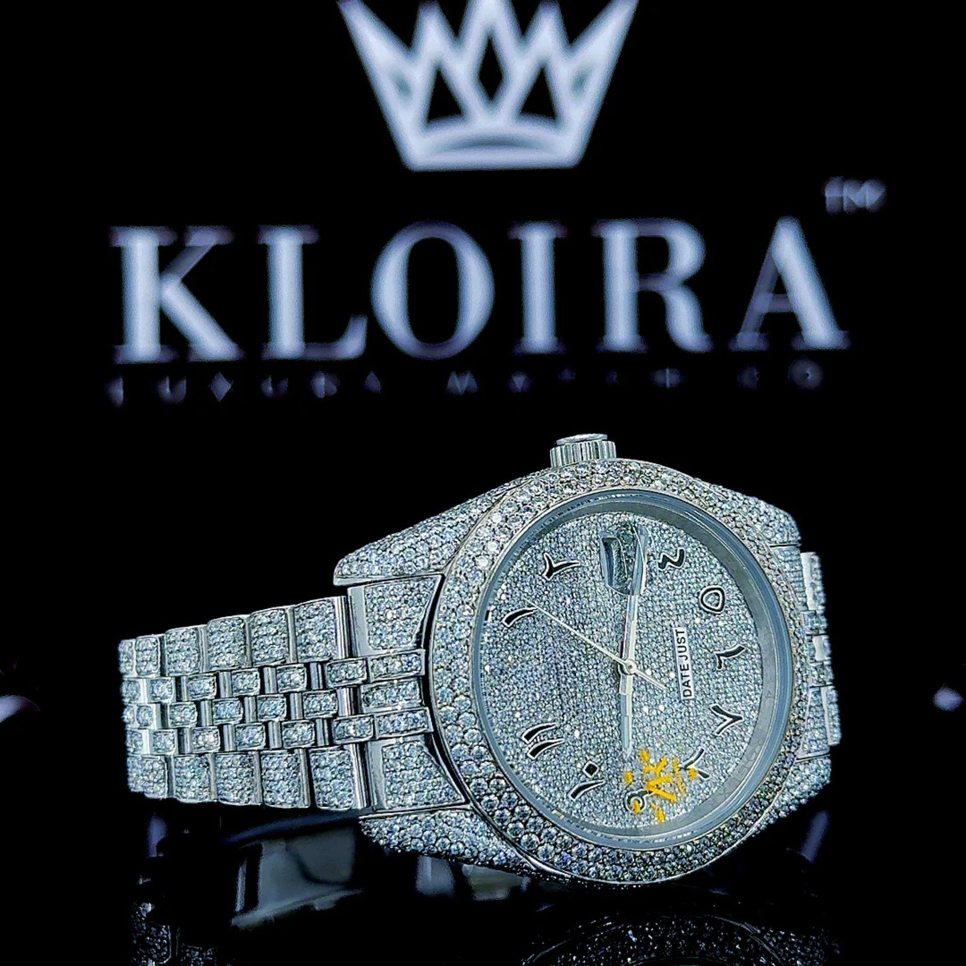 Full Iced Out White Dial Arabic Numerals Moissanite Watch Left Strap View