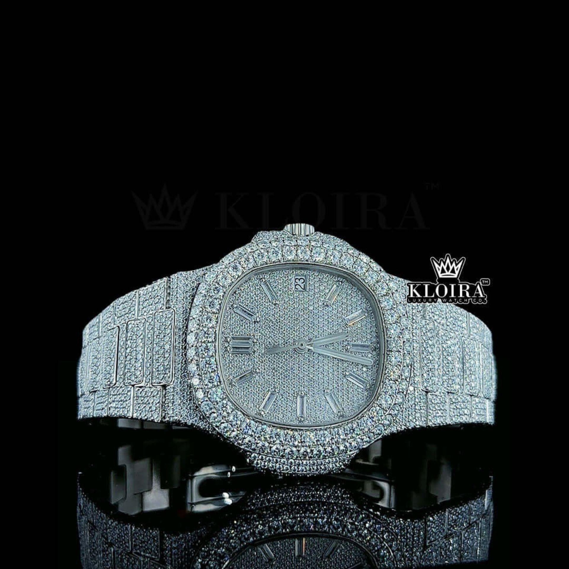 Full Iced Out White Dial Diamond Markers Moissanite Diamond Watch Front View