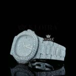 Full Iced Out White Dial Diamond Markers Moissanite Diamond Watch Left Profile View