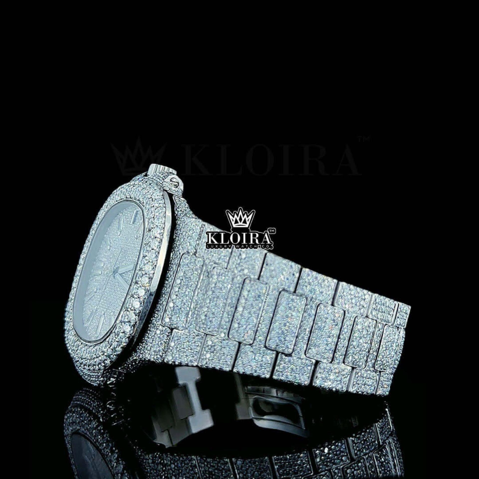 Full Iced Out White Dial Diamond Markers Moissanite Diamond Watch Left Side Bracelet View
