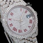 Fullly Iced Out White Dial Red Roman Numerals Moissanite Diamond Watch Close Up Dial View