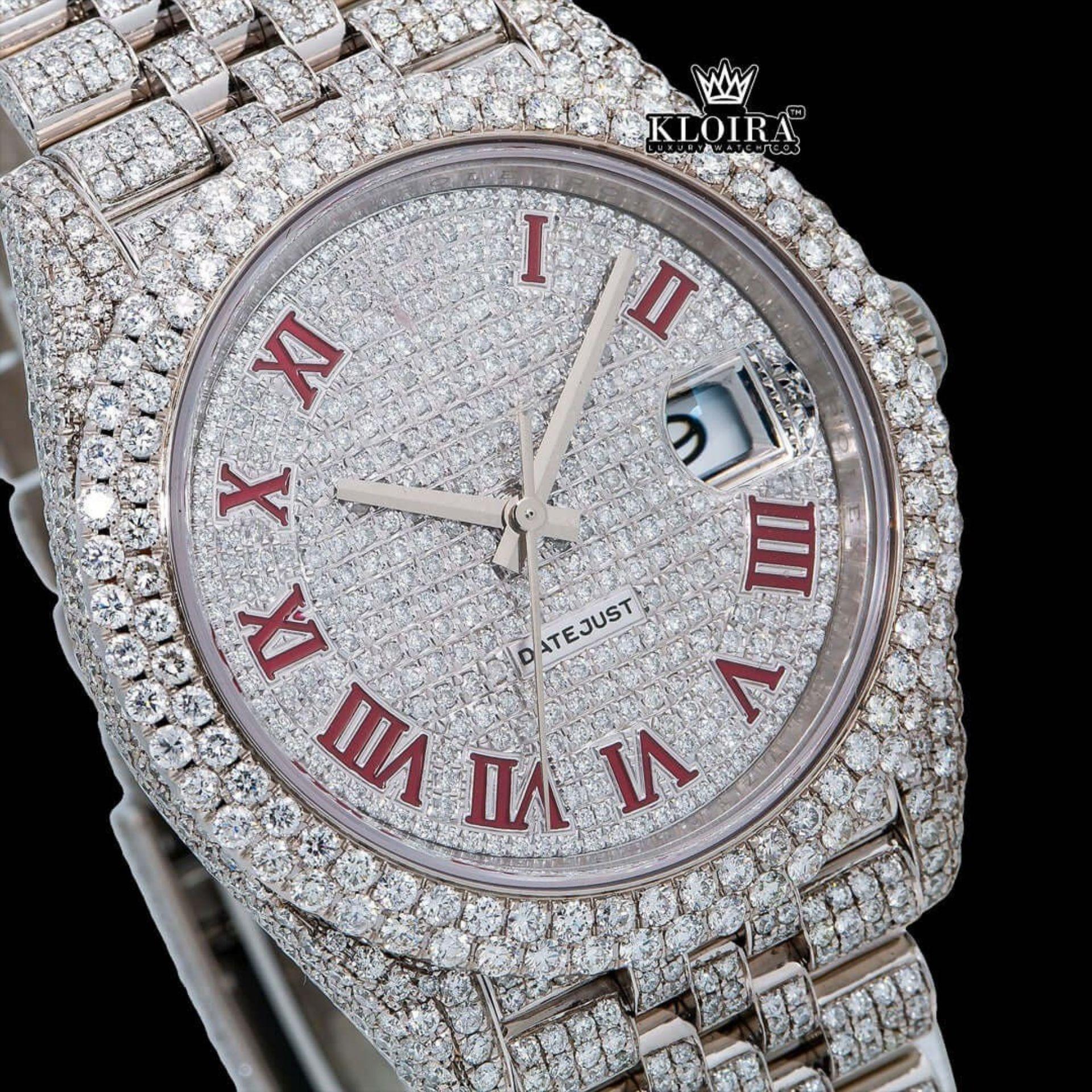 Fullly Iced Out White Dial Red Roman Numerals Moissanite Diamond Watch Close Up Dial View