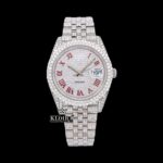 Fully Iced Out White Dial Red Roman Numerals Moissanite Diamond Watch