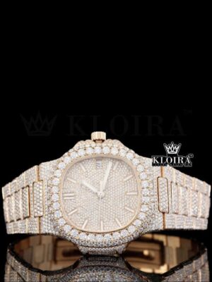 Fully Bust Down Rose Gold Dial White Stick Markers Moissanite Diamond Watch