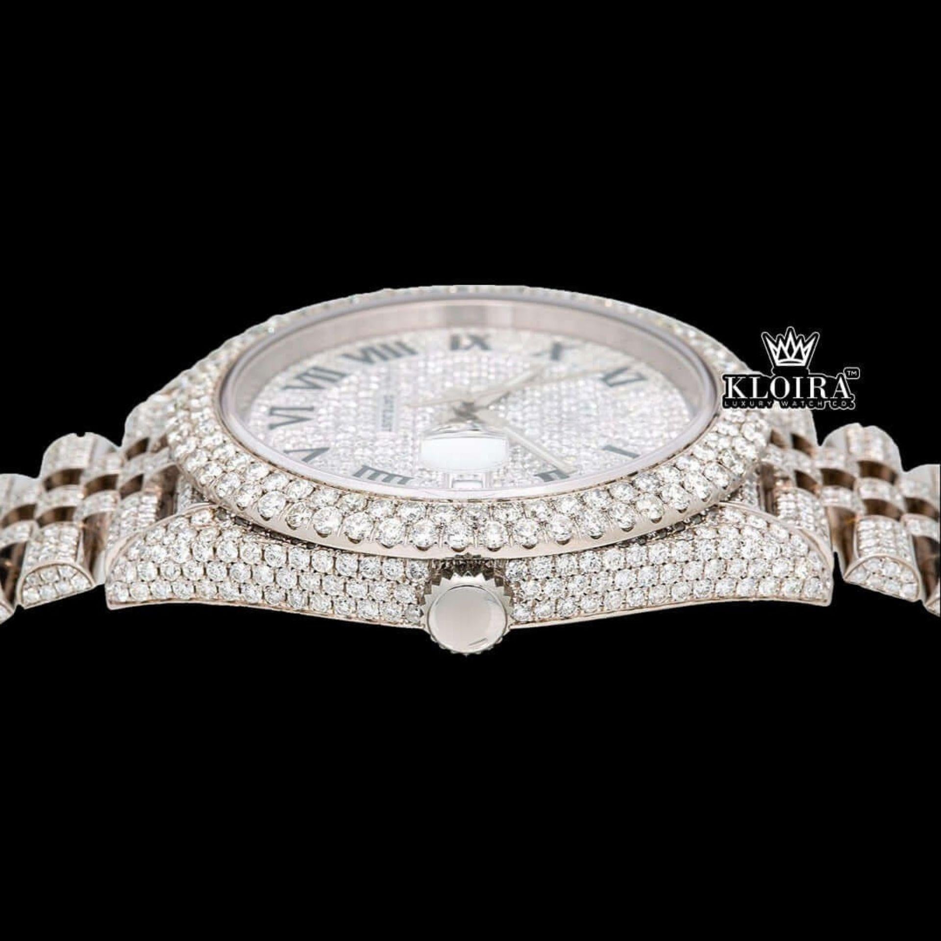 Fully Bust Down White Dial Black Roman Numerals Moissanite Diamond Watch Crown View