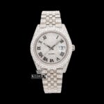 Fully Bust Down White Dial Black Roman Numerals Moissanite Diamond Watch