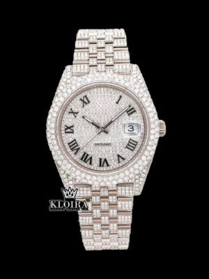 Fully Bust Down White Dial Black Roman Numerals Moissanite Diamond Watch
