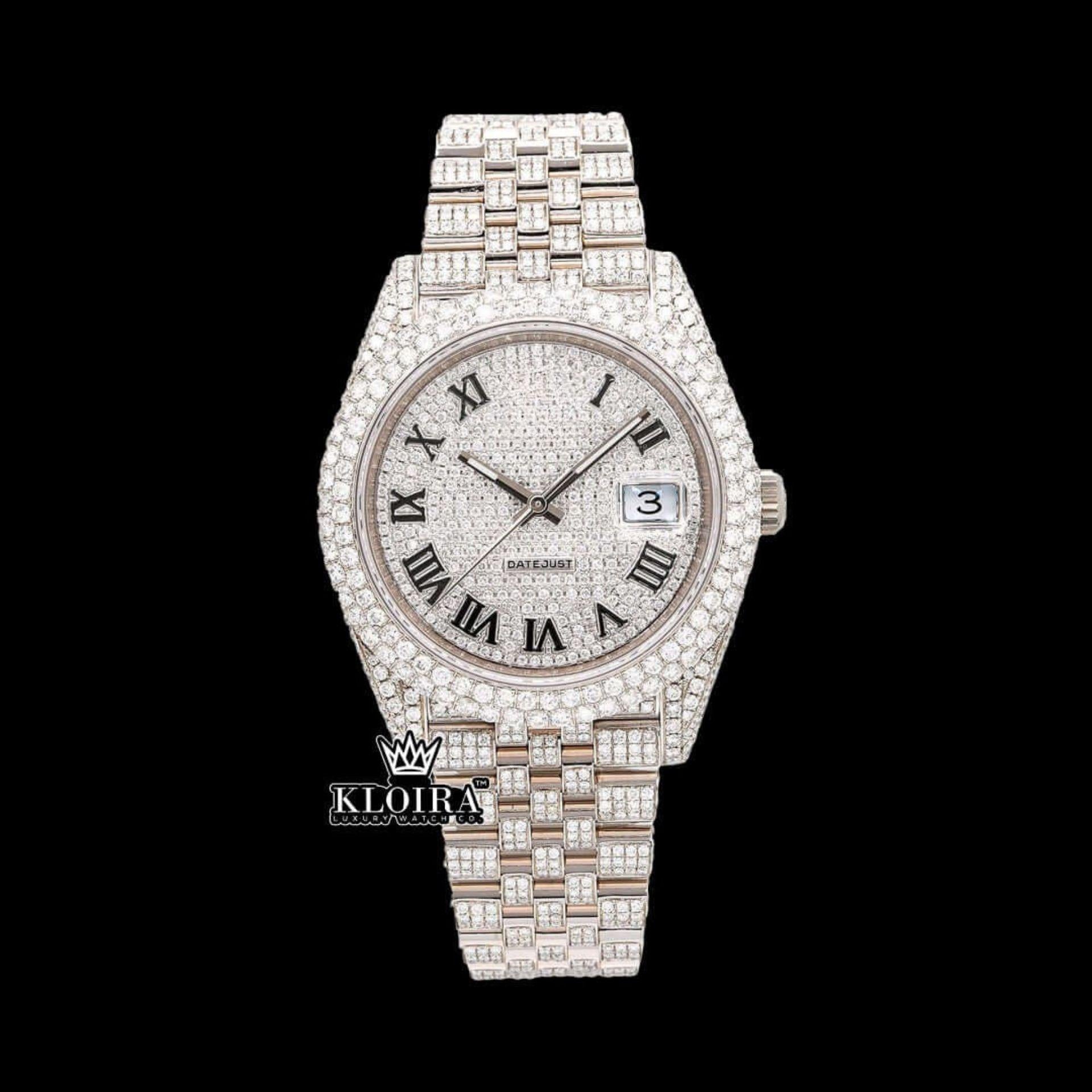 Fully Bust Down White Dial Black Roman Numerals Moissanite Diamond Watch Front View