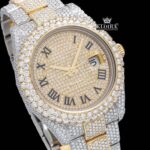 Fully Bust Down Yellow Dial Roman Numeral Moissanite Watch Close Up Dial View