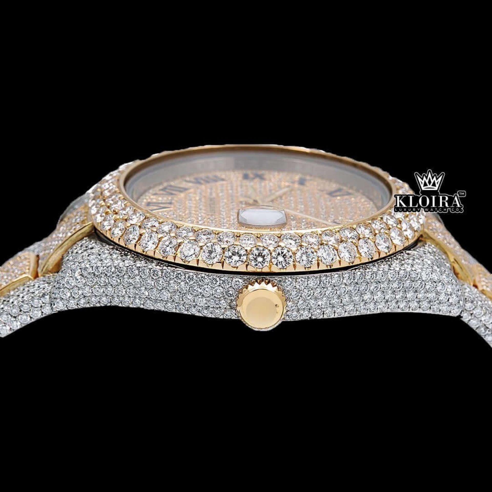 Fully Bust Down Yellow Dial Roman Numeral Moissanite Watch Crown View