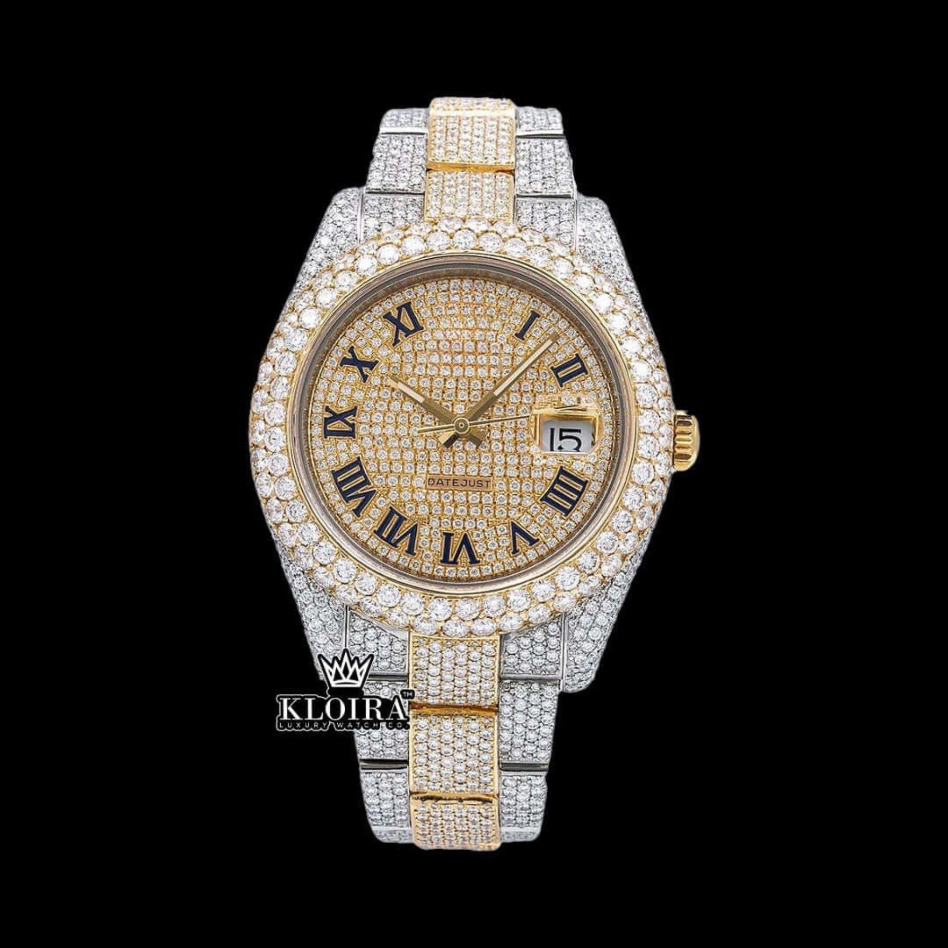 Fully Bust Down Yellow Dial Roman Numeral Moissanite Watch Front View