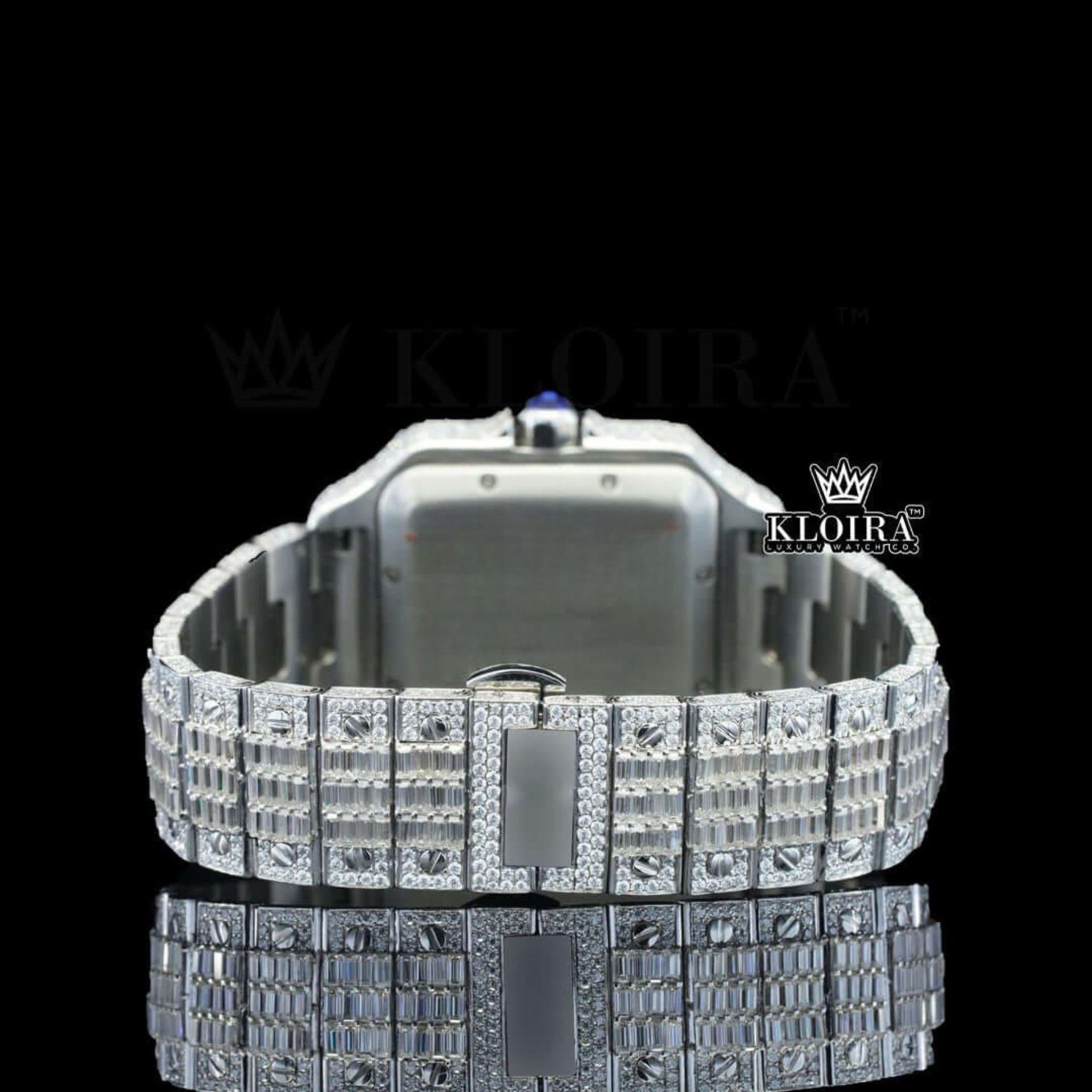 Fully Iced Baguette White Dial Roman Numerals Moissanite Diamond Watch Caseback View