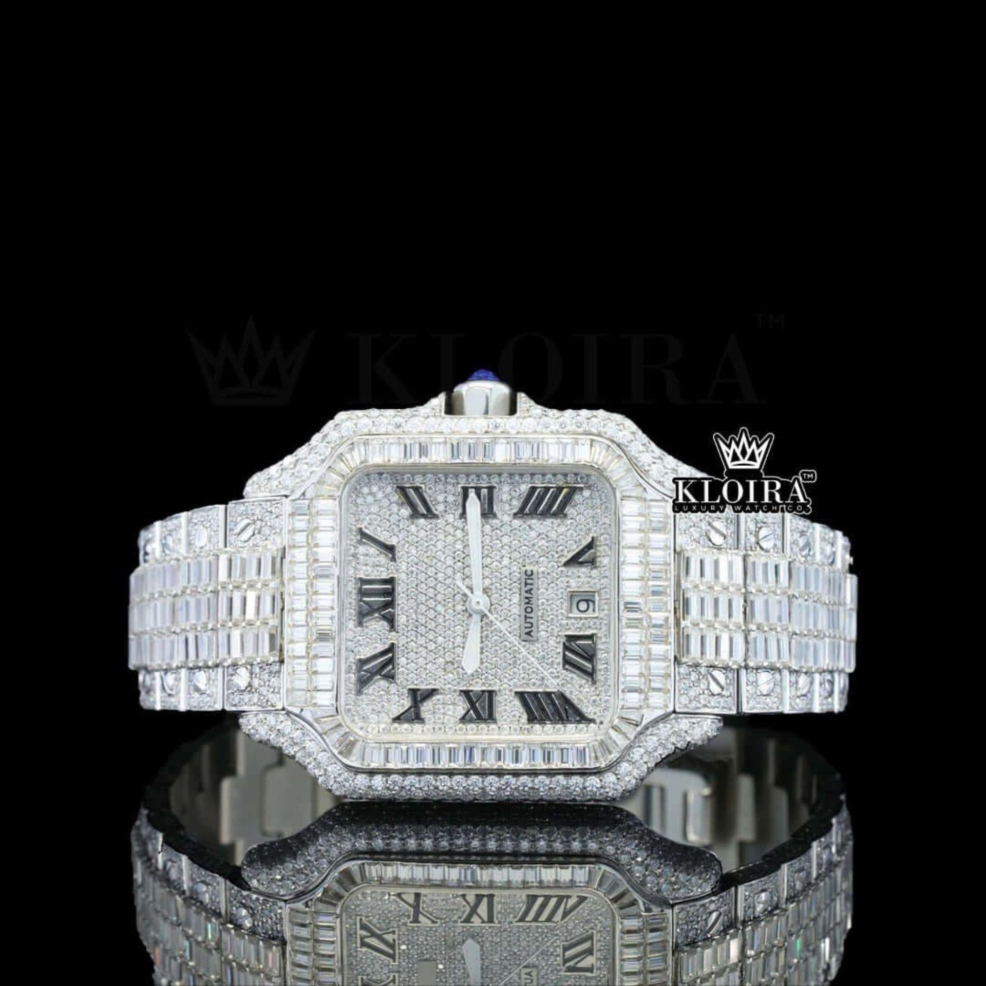 Fully Iced Baguette White Dial Roman Numerals Moissanite Diamond Watch Front View