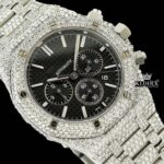 Fully Iced Out Black Dial Chronograph Moissanite Diamond Watch Close Up Dial View