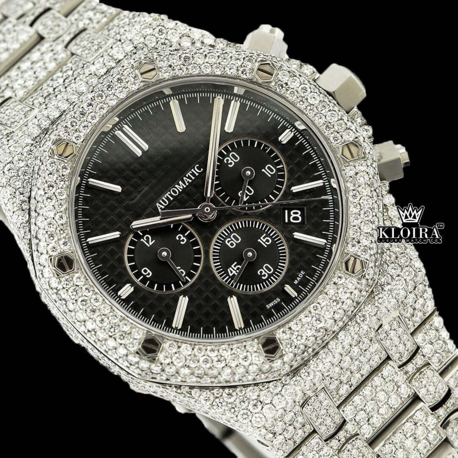 Fully Iced Out Black Dial Chronograph Moissanite Diamond Watch Close Up Dial View