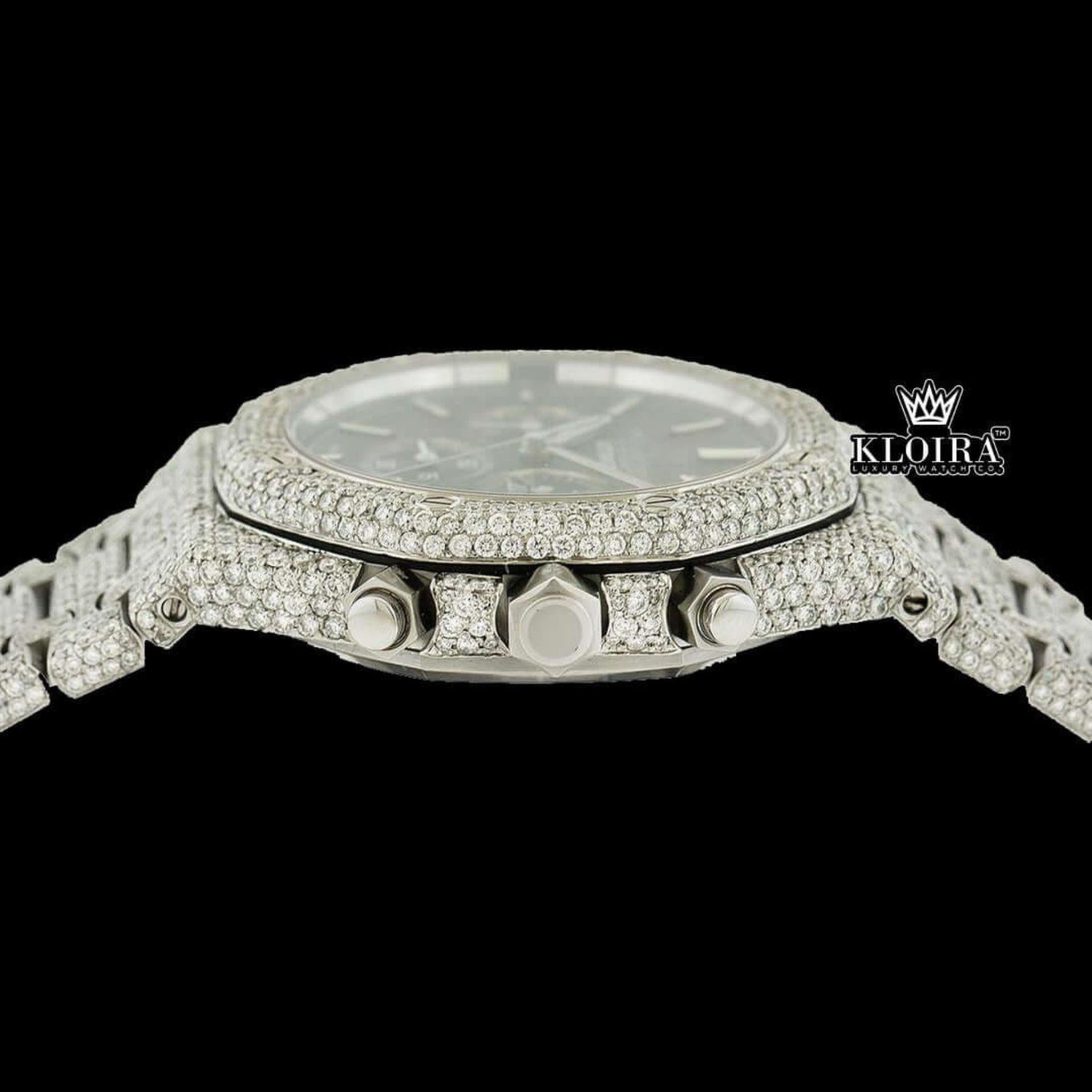 Fully Iced Out Black Dial Chronograph Moissanite Diamond Watch Crown View
