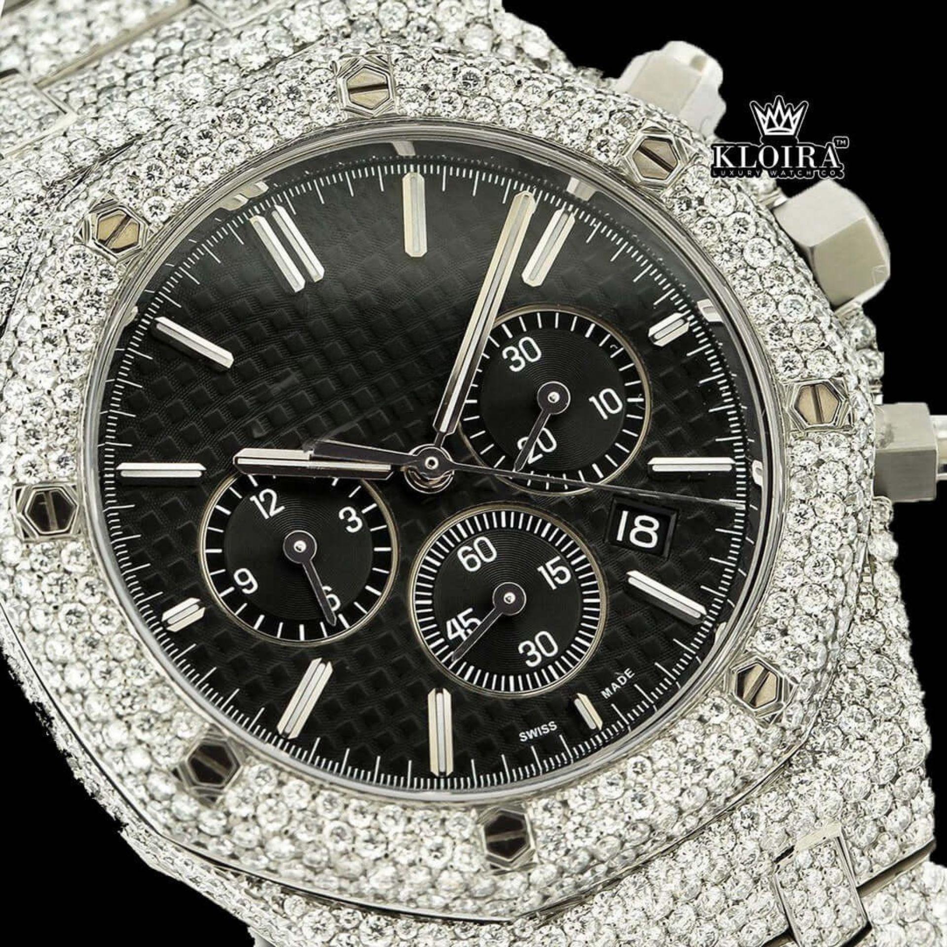 Fully Iced Out Black Dial Chronograph Moissanite Diamond Watch Full Close Up Dial View