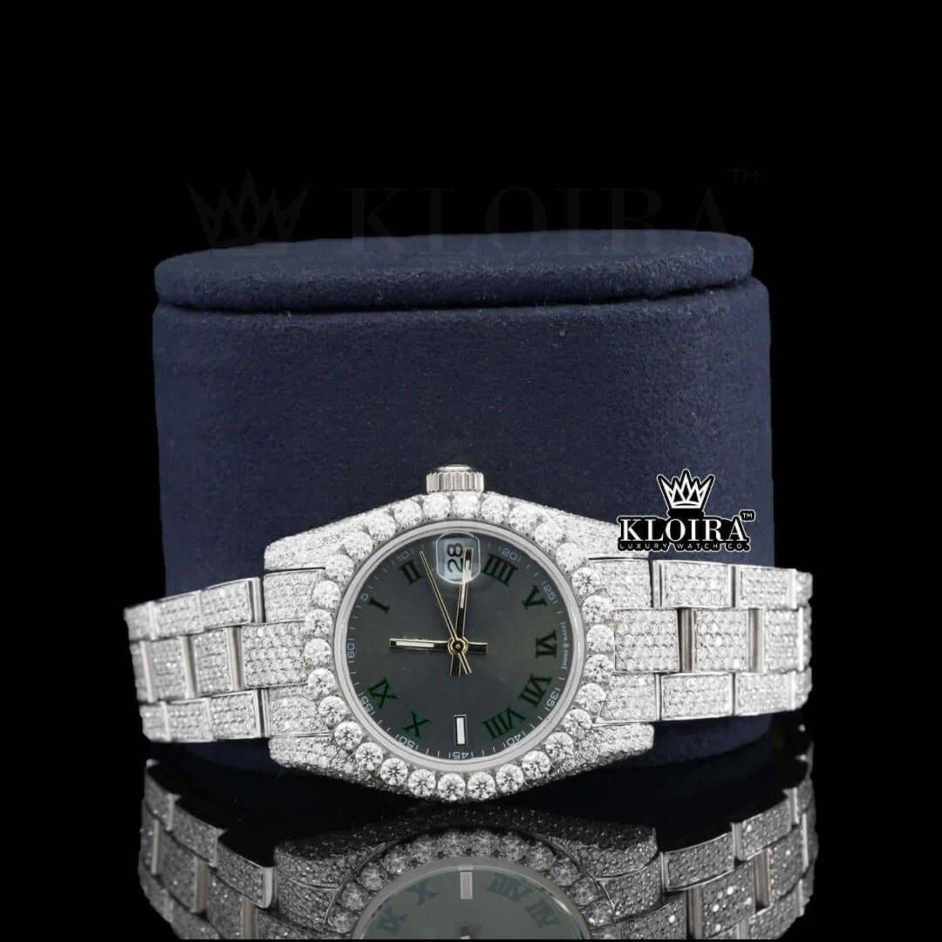Fully Iced Out Black Dial Roman Numerals Moissanite Watch Close Up Front View